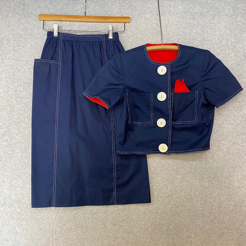 Vintage NR1 By Ned Gould Sz 4 Two Piece Skirt Jacket Set Short Sleeve Navy Blue